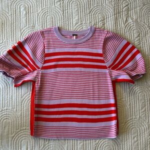 Free People lilac/red striped sweater. Puffy short sleeves, round neck. Small